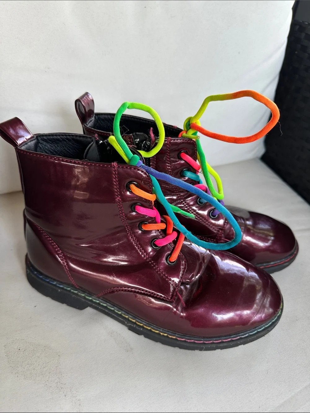 wonder nation Burgundy Patent Lace-Up Kids Boots with Neon Rainbow Laces